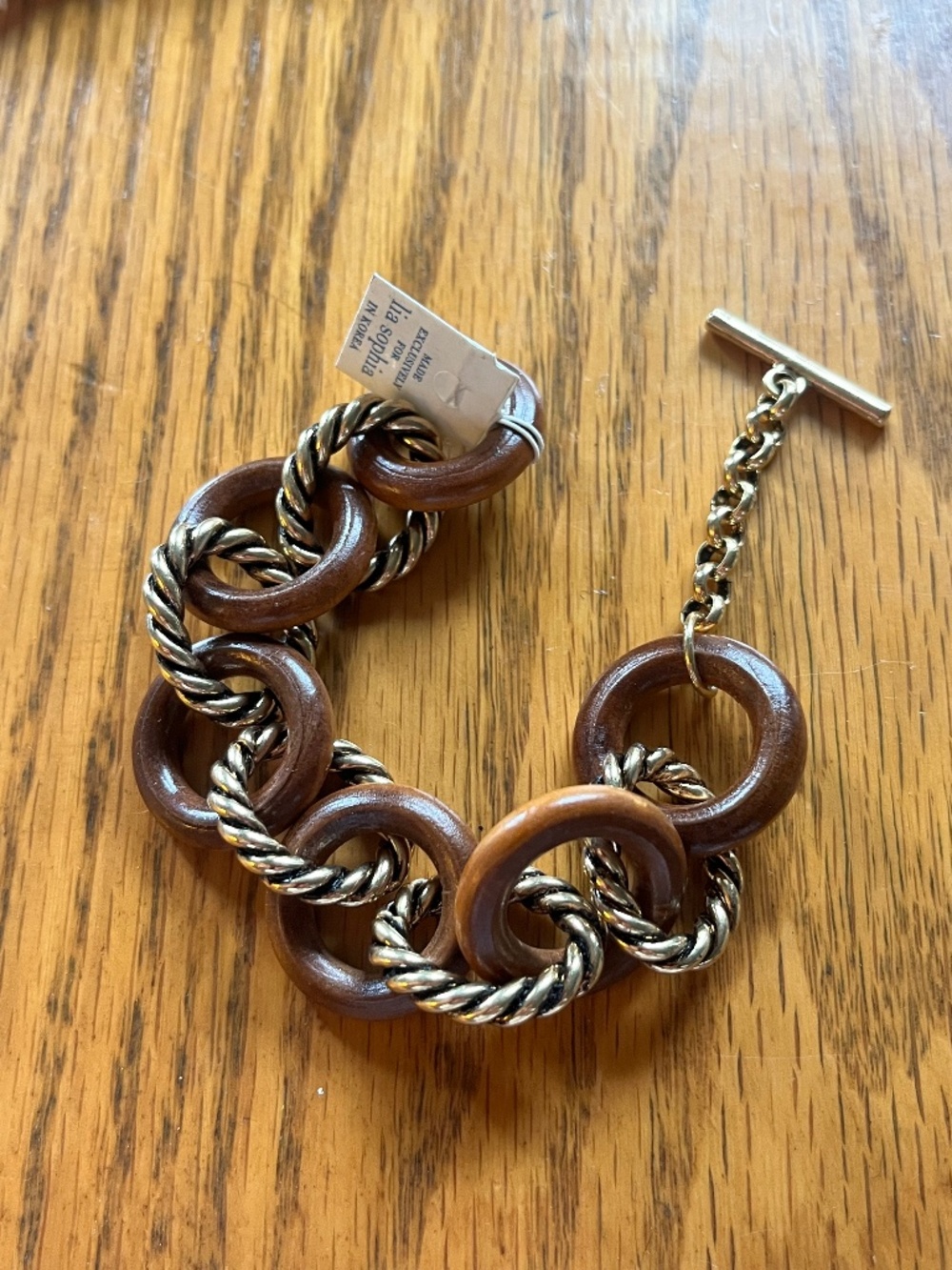 Vintage Y2L Lia Sophia Bracelet Jewelry NWT Brown Wood Hoops Gold Tone Chain
